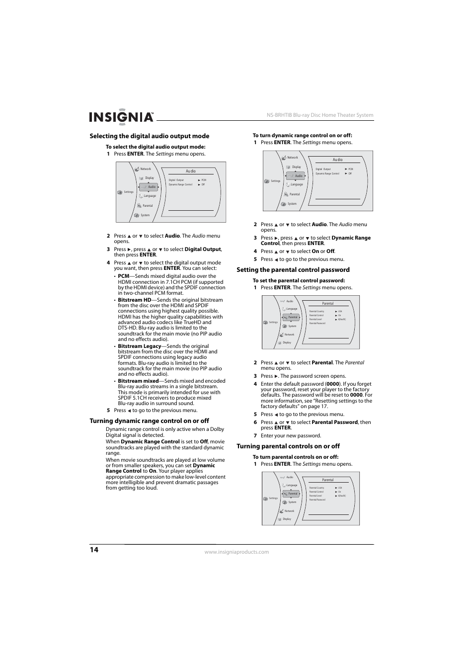 Selecting the digital audio output mode, Turning dynamic range control on or off, Setting the parental control password | Turning parental controls on or off | Insignia NS-BRHTIB User Manual | Page 18 / 36