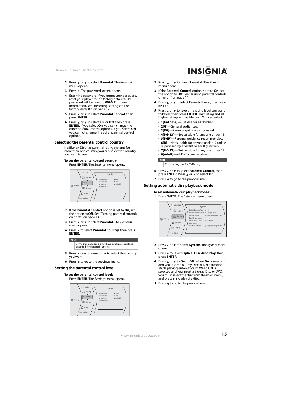 Selecting the parental control country, Setting the parental control level, Setting automatic disc playback mode | Insignia NS-BRHTIB User Manual | Page 19 / 36