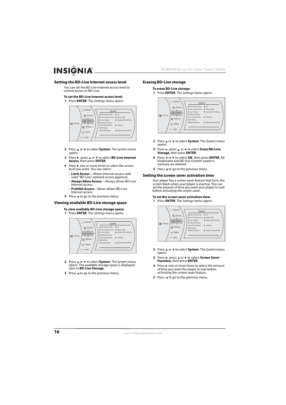 Setting the bd-live internet access level, Viewing available bd-live storage space, Erasing bd-live storage | Setting the screen saver activation time | Insignia NS-BRHTIB User Manual | Page 20 / 36