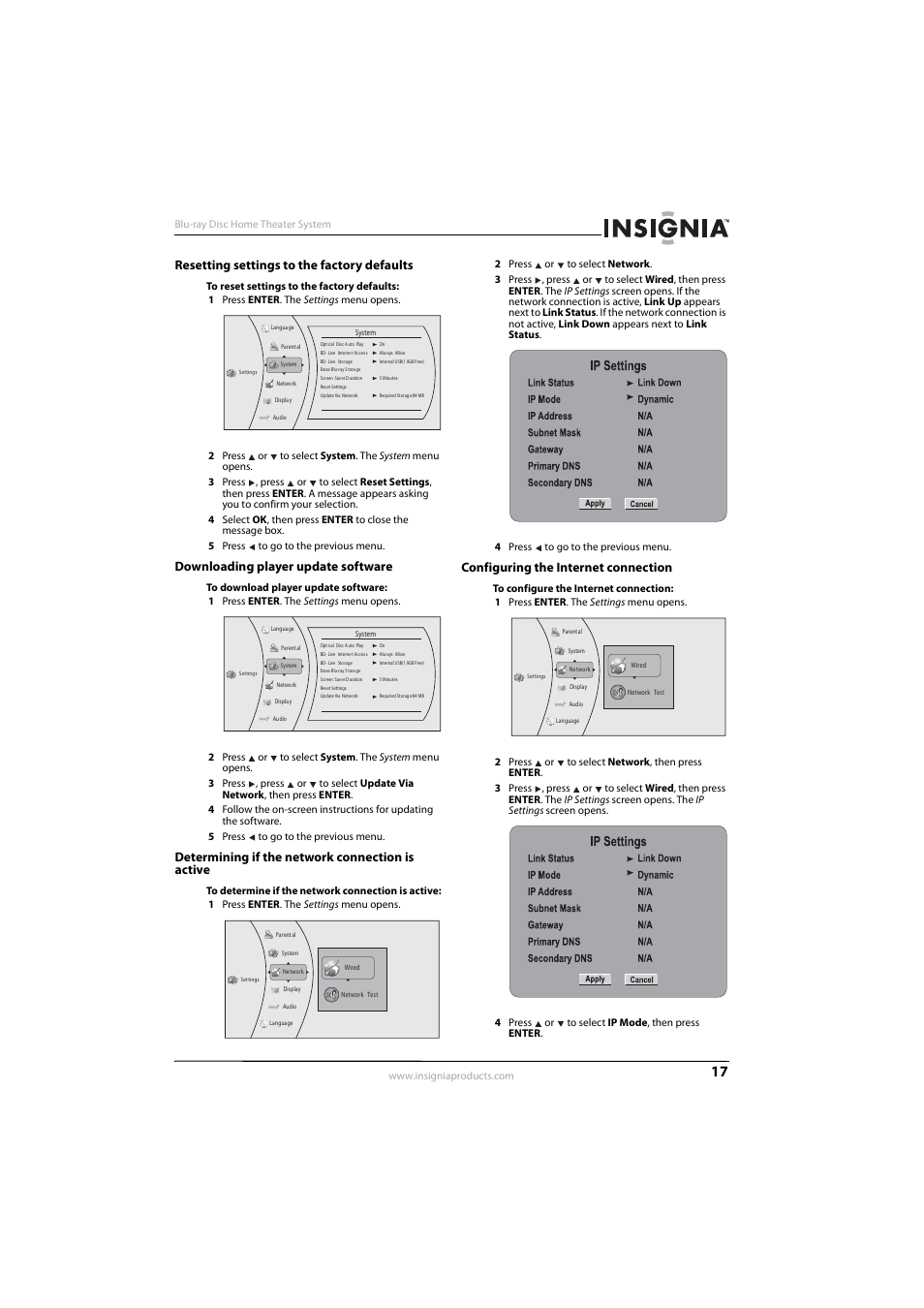 Resetting settings to the factory defaults, Downloading player update software, Determining if the network connection is active | Configuring the internet connection, See “resetting settings to the factory defaults | Insignia NS-BRHTIB User Manual | Page 21 / 36