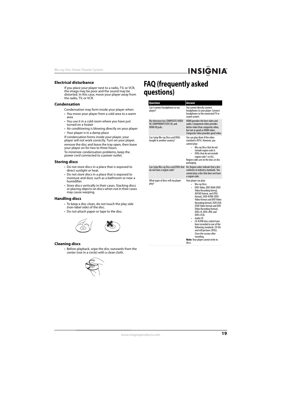 Electrical disturbance, Condensation, Storing discs | Handling discs, Cleaning discs, Faq (frequently asked questions) | Insignia NS-BRHTIB User Manual | Page 23 / 36