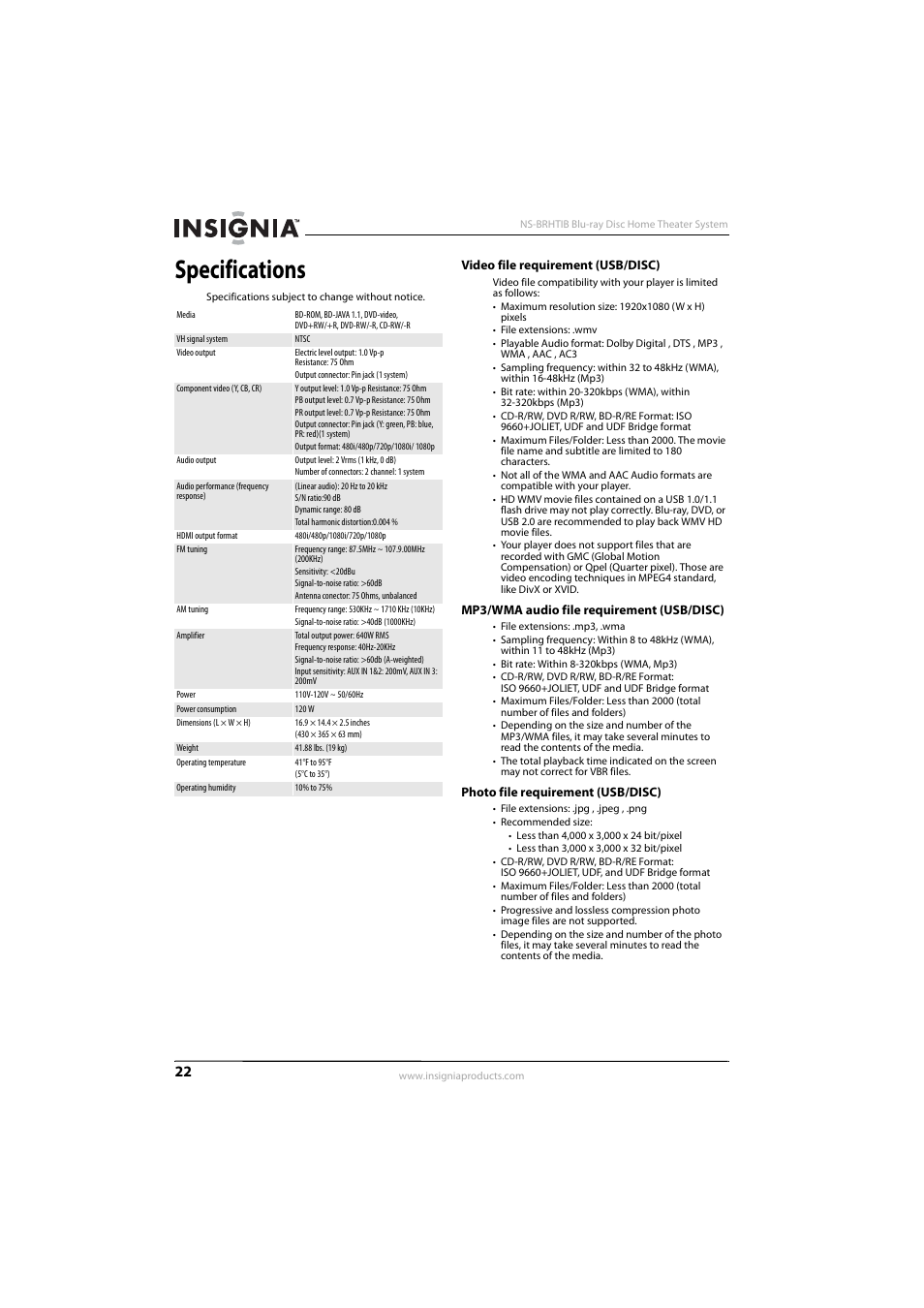 Specifications, Video file requirement (usb/disc), Mp3/wma audio file requirement (usb/disc) | Photo file requirement (usb/disc) | Insignia NS-BRHTIB User Manual | Page 26 / 36