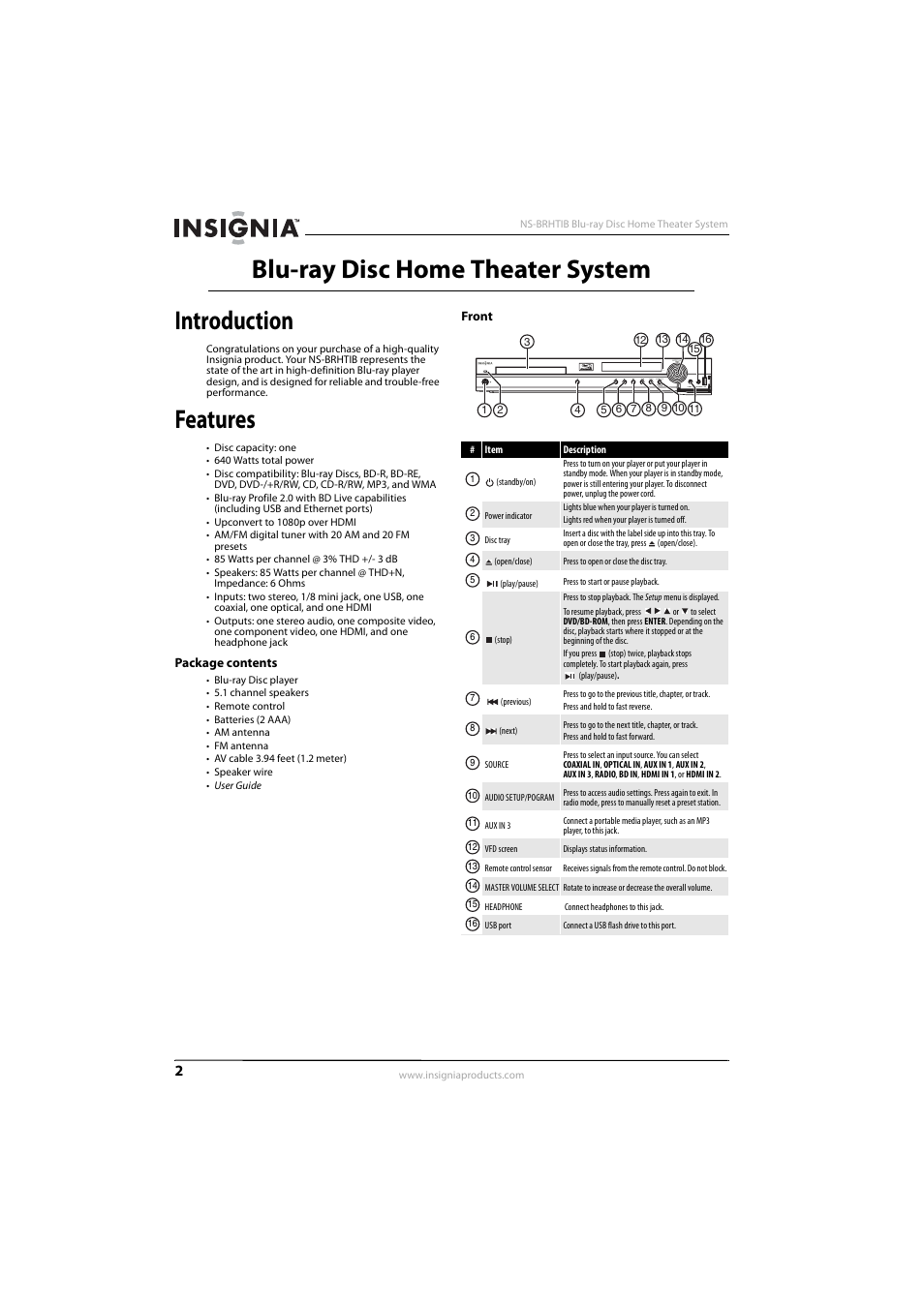 Introduction, Features, Package contents | Front, Package contents front, Blu-ray disc home theater system introduction | Insignia NS-BRHTIB User Manual | Page 6 / 36