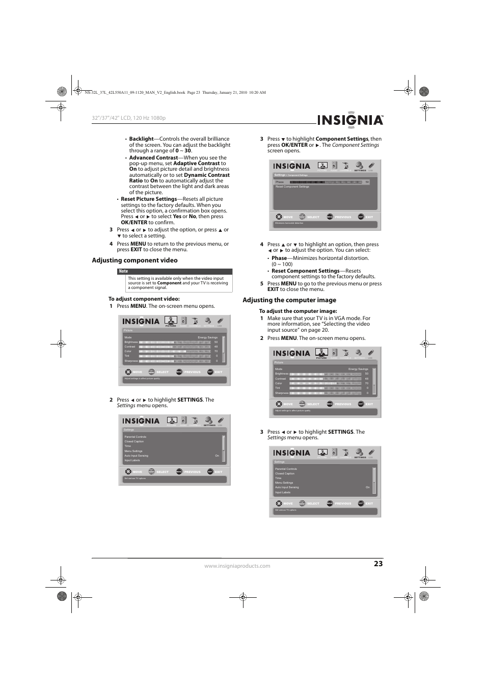 Adjusting component video, Adjusting the computer image | Insignia NS-32L550A11 User Manual | Page 27 / 68