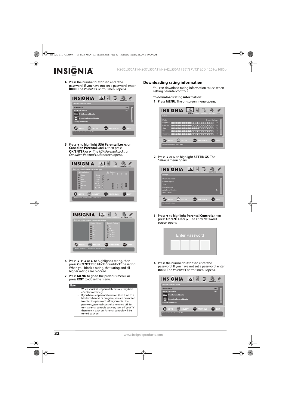 Downloading rating information, Enter password | Insignia NS-32L550A11 User Manual | Page 36 / 68