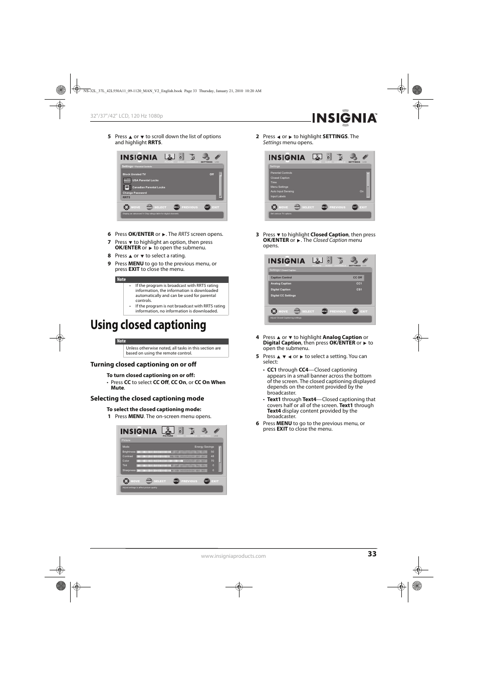 Using closed captioning, Turning closed captioning on or off, Selecting the closed captioning mode | Insignia NS-32L550A11 User Manual | Page 37 / 68