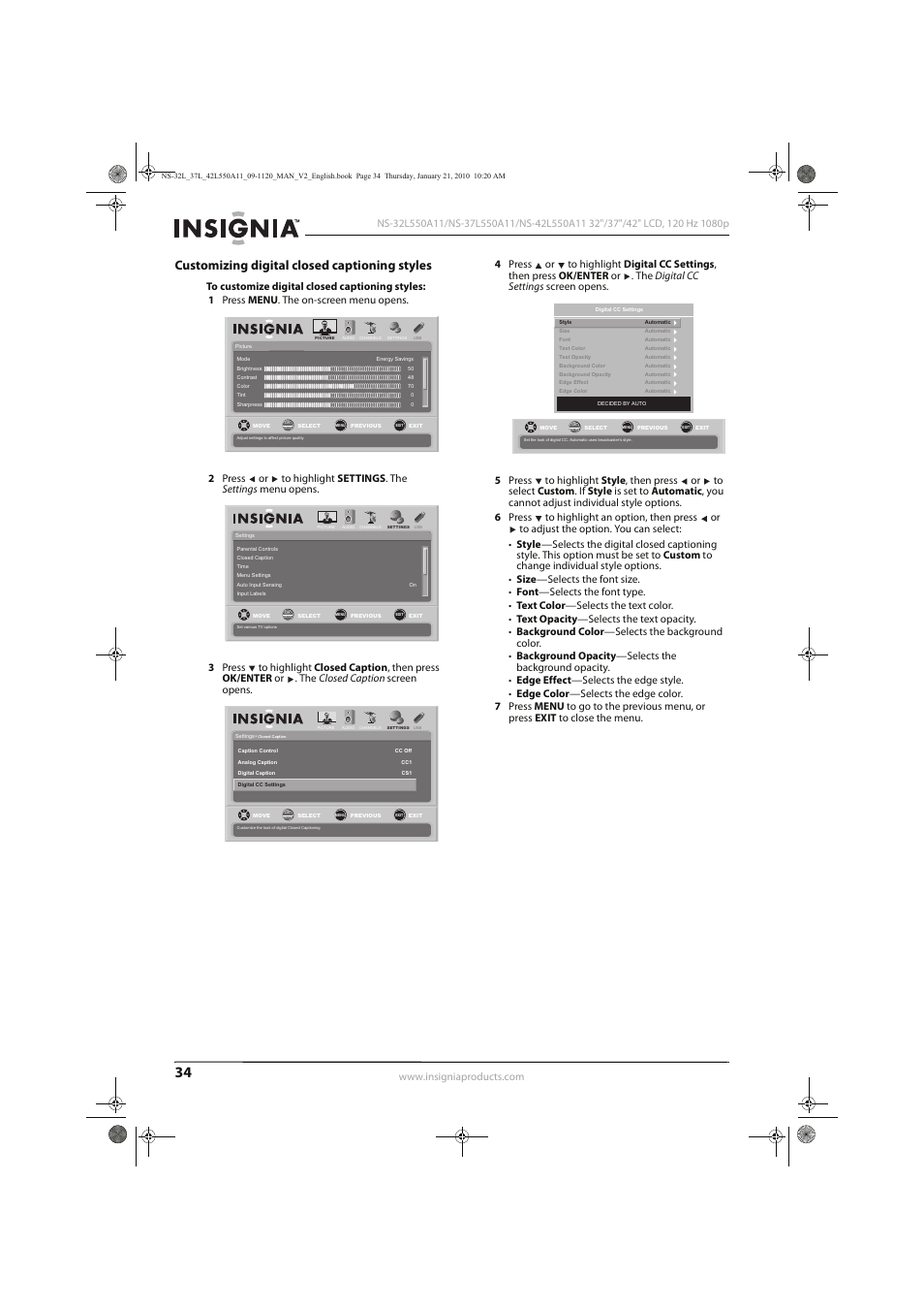Customizing digital closed captioning styles | Insignia NS-32L550A11 User Manual | Page 38 / 68