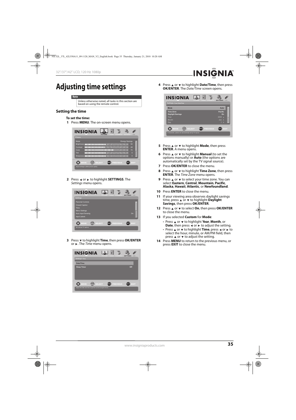 Adjusting time settings, Setting the time | Insignia NS-32L550A11 User Manual | Page 39 / 68