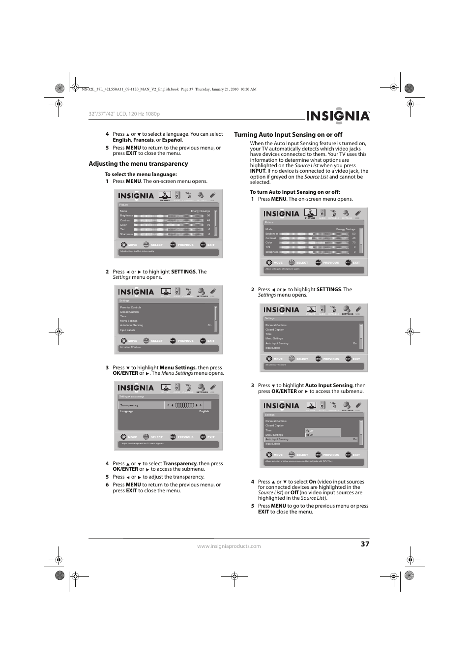 Adjusting the menu transparency, Turning auto input sensing on or off | Insignia NS-32L550A11 User Manual | Page 41 / 68