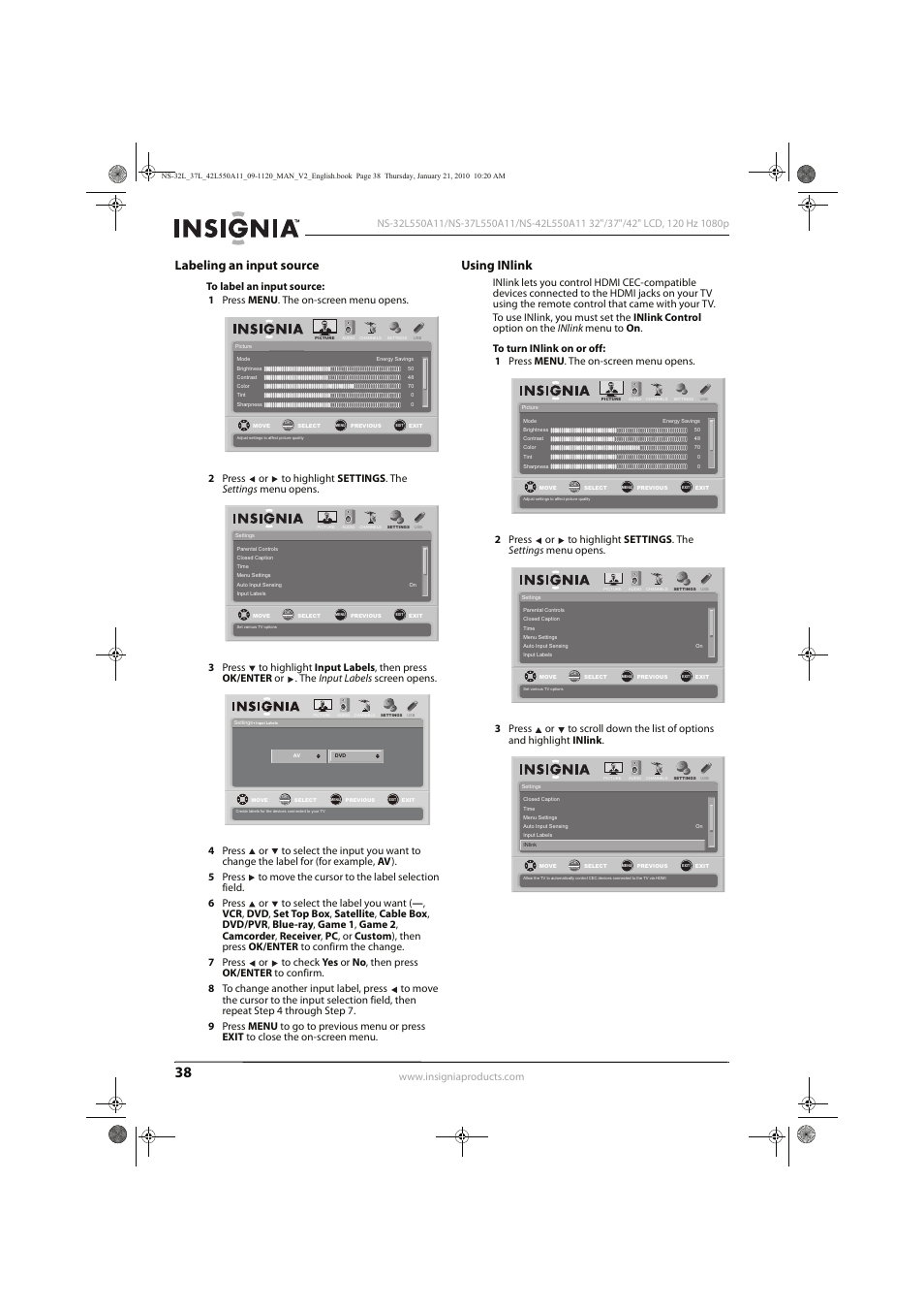 Labeling an input source, Using inlink | Insignia NS-32L550A11 User Manual | Page 42 / 68