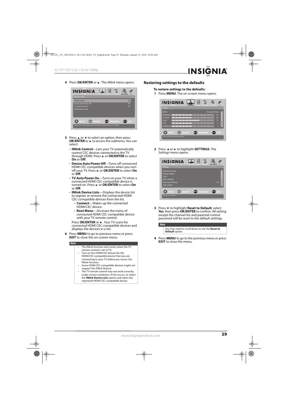 Restoring settings to the defaults | Insignia NS-32L550A11 User Manual | Page 43 / 68
