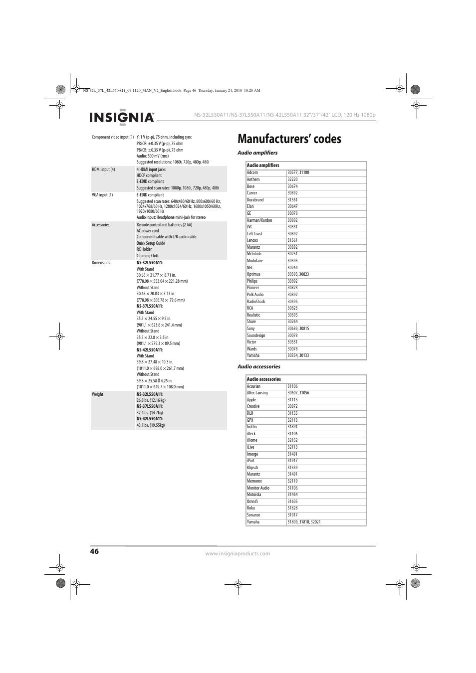 Manufacturers’ codes | Insignia NS-32L550A11 User Manual | Page 50 / 68