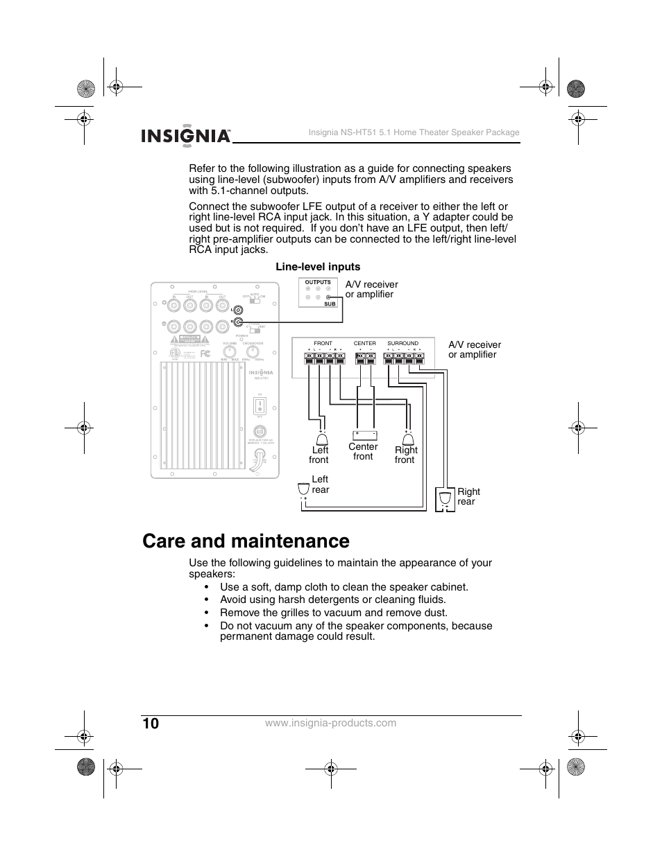 Care and maintenance | Insignia NS-HT51 User Manual | Page 12 / 52