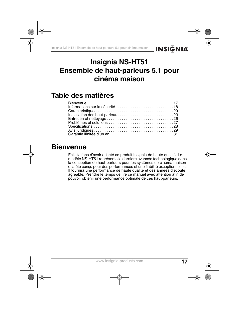 Bienvenue | Insignia NS-HT51 User Manual | Page 19 / 52