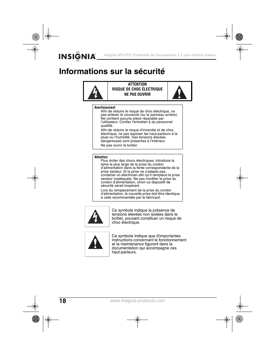 Informations sur la sécurité | Insignia NS-HT51 User Manual | Page 20 / 52