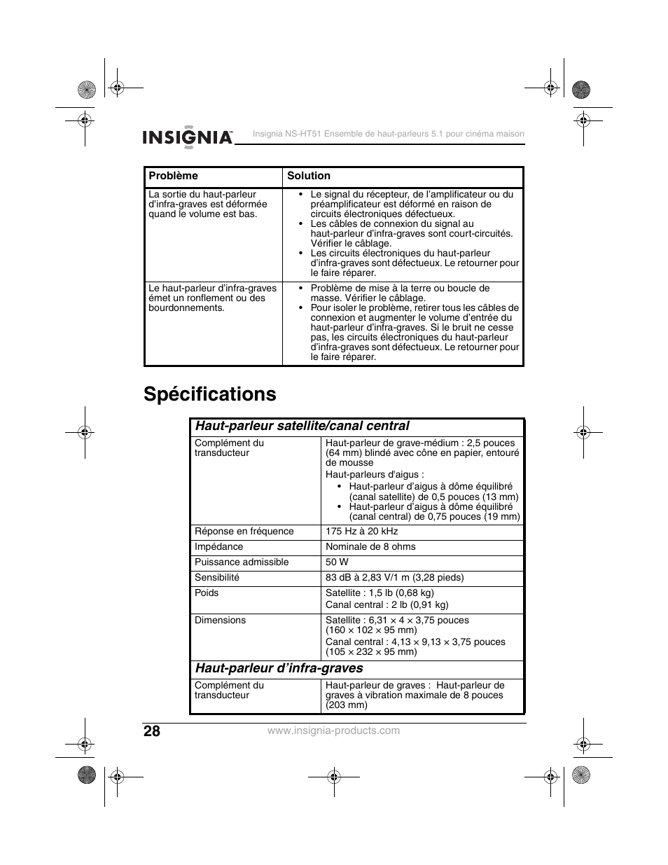 Spécifications, Haut-parleur satellite/canal central, Haut-parleur d’infra-graves | Insignia NS-HT51 User Manual | Page 30 / 52