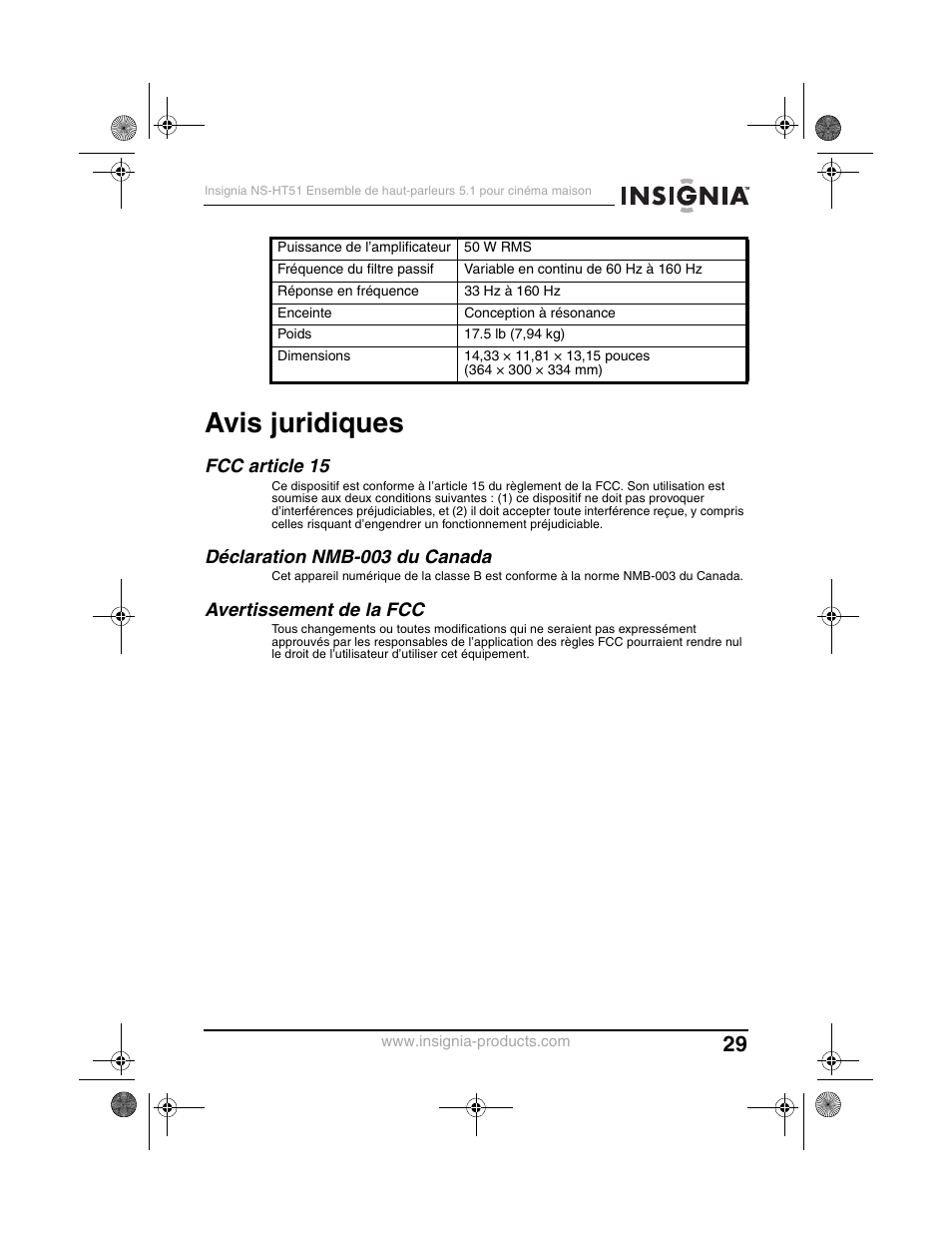 Avis juridiques, Fcc article 15, Déclaration nmb-003 du canada | Avertissement de la fcc | Insignia NS-HT51 User Manual | Page 31 / 52