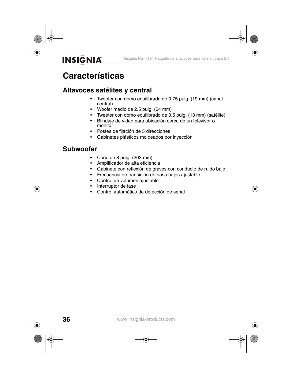 Características, Altavoces satélites y central, Subwoofer | Insignia NS-HT51 User Manual | Page 38 / 52