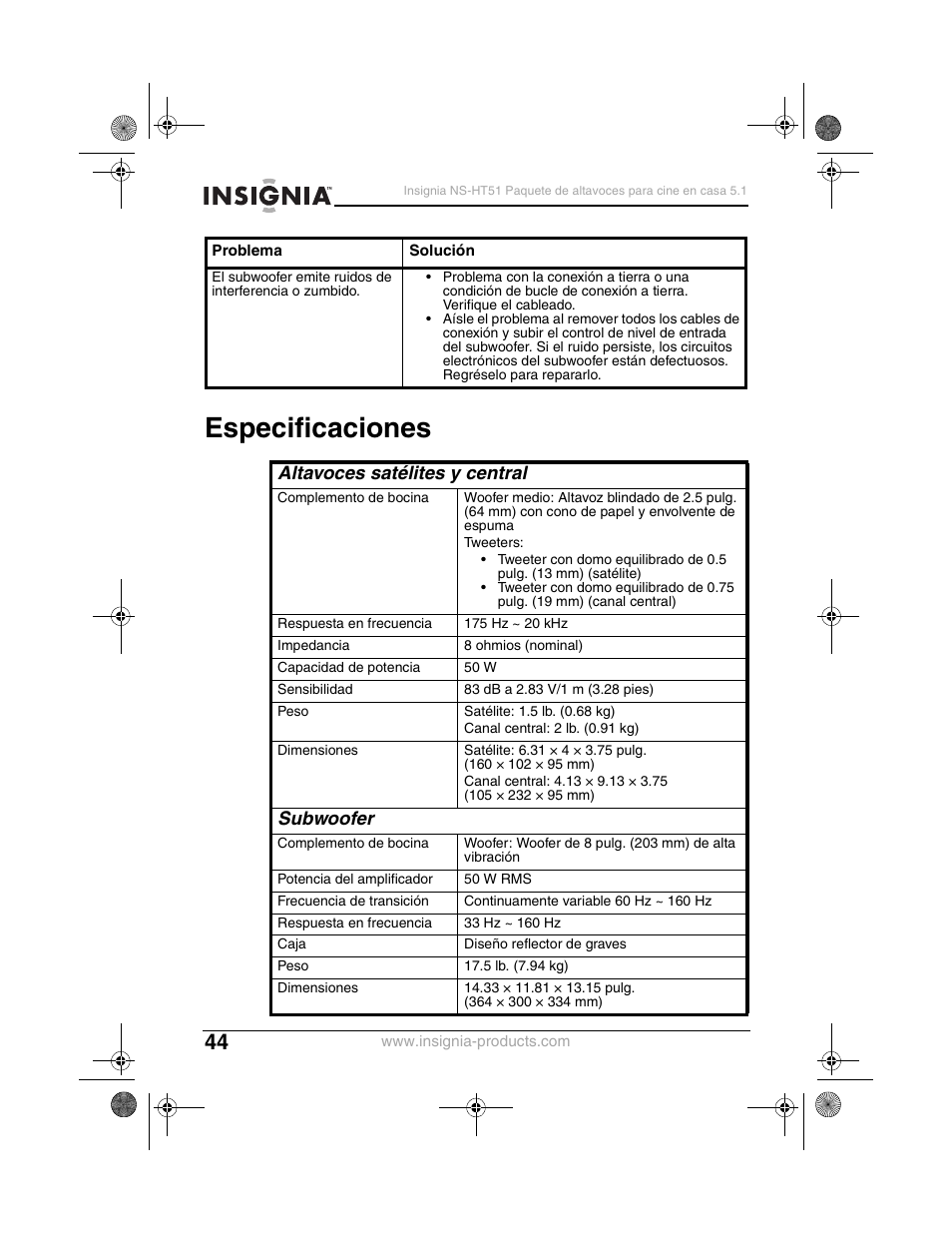 Especificaciones, Altavoces satélites y central, Subwoofer | Insignia NS-HT51 User Manual | Page 46 / 52