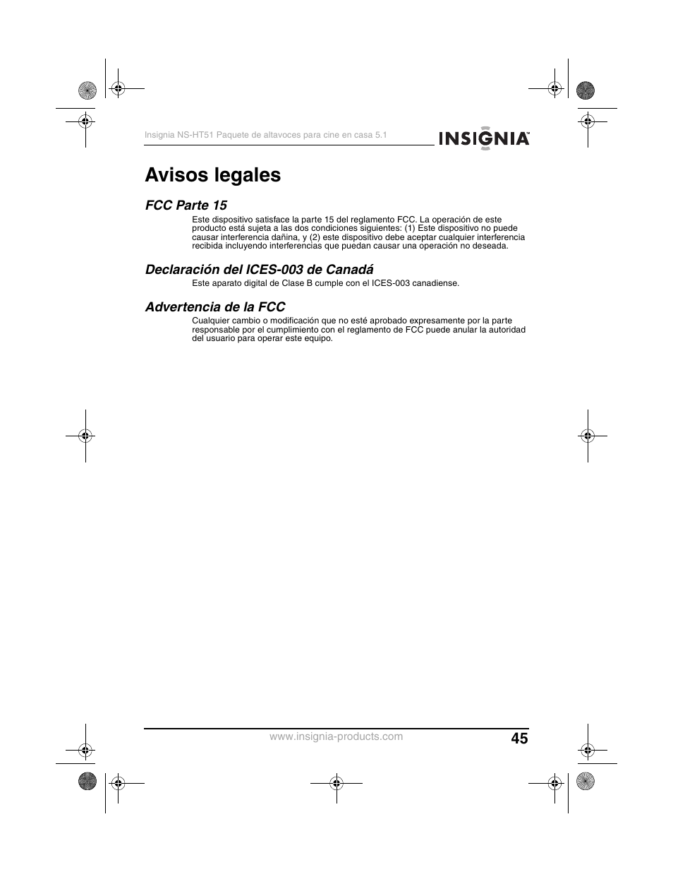 Avisos legales | Insignia NS-HT51 User Manual | Page 47 / 52