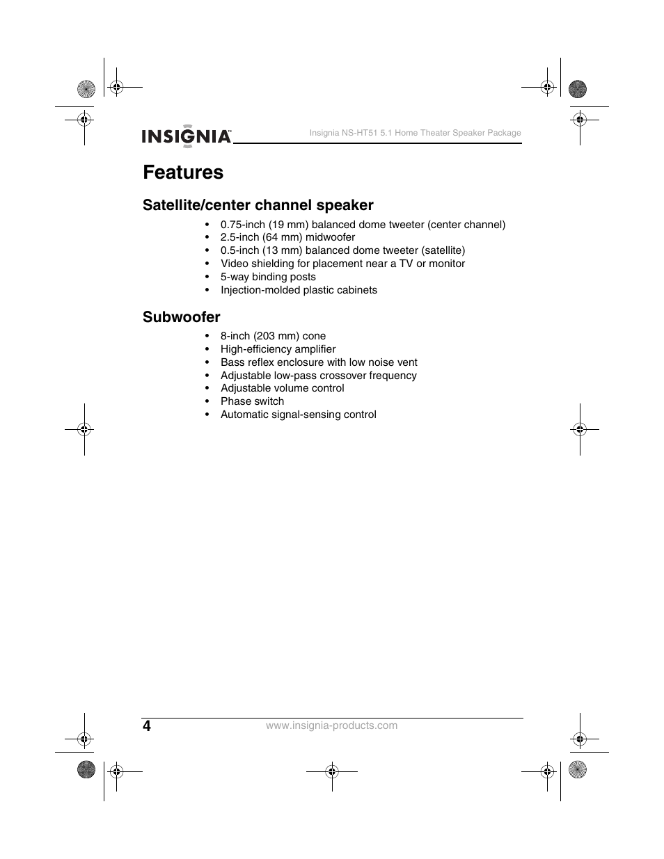 Features, Satellite/center channel speaker, Subwoofer | Insignia NS-HT51 User Manual | Page 6 / 52