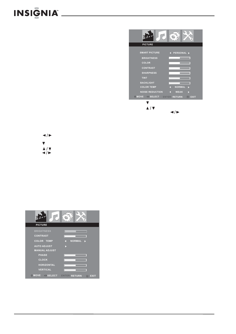 Customizing tv settings, Using shuffle or random play, Opening and navigating the on-screen menus | Adjusting picture settings | Insignia NS-20CLTV User Manual | Page 14 / 74