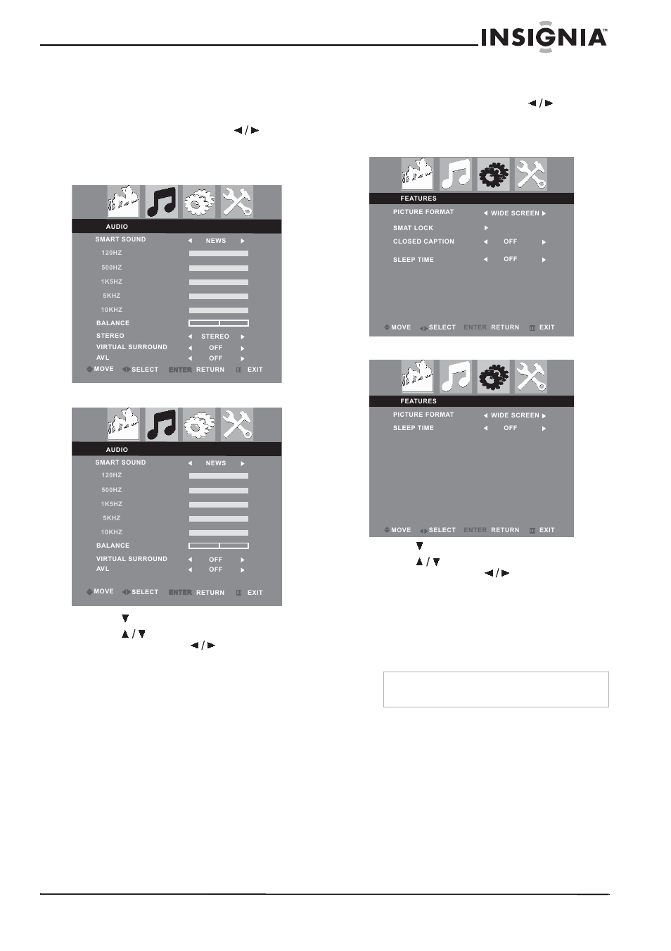 Adjusting audio settings, Changing features settings, Tv mode | Other modes, Tv, av1, av2, s-video modes | Insignia NS-20CLTV User Manual | Page 15 / 74