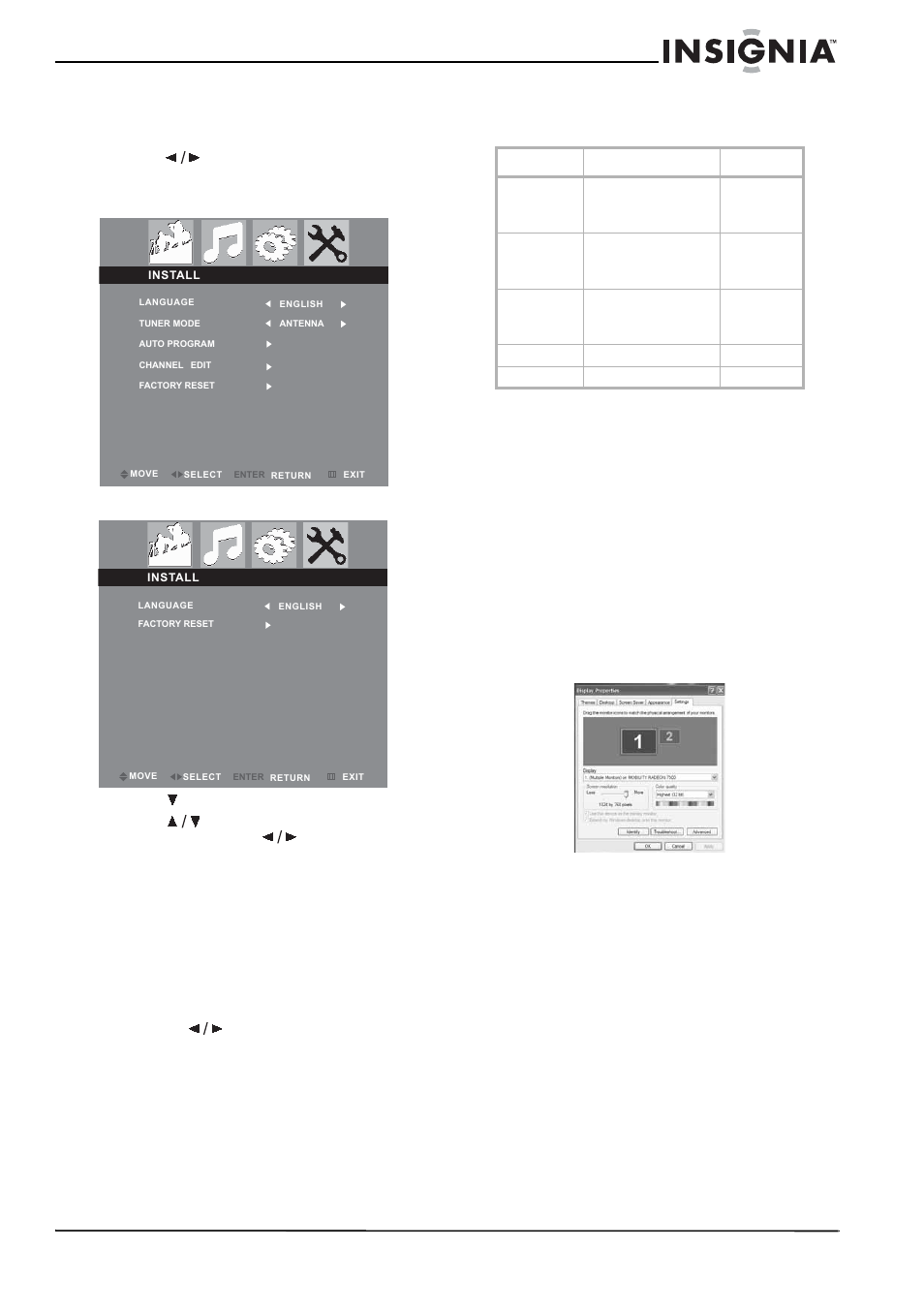 Changing the install settings, Adjusting the vga resolution | Insignia NS-20CLTV User Manual | Page 17 / 74