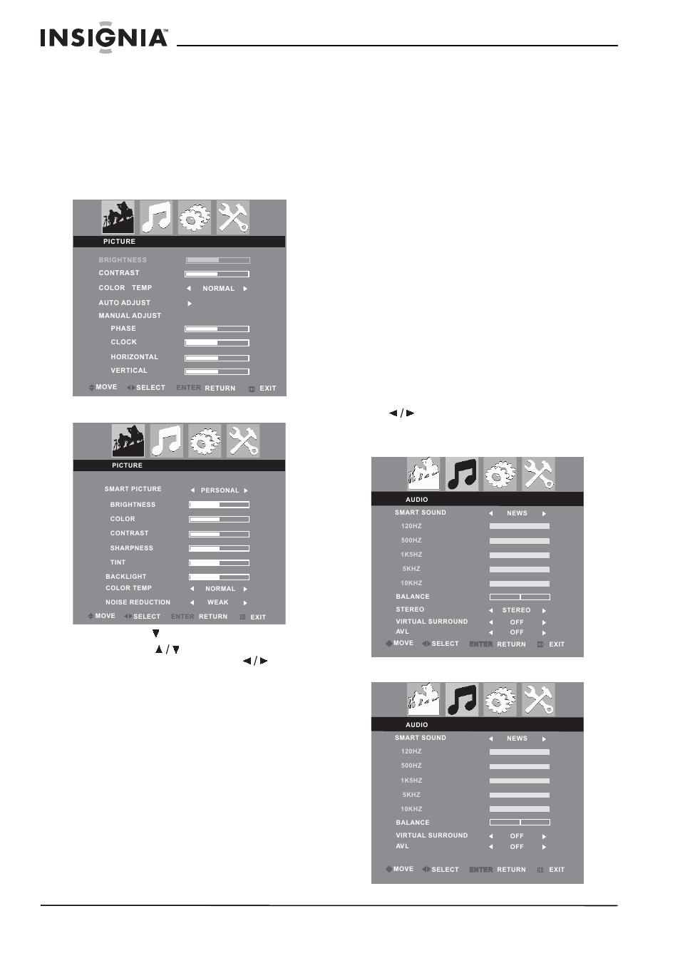 Réglages de l’image, Réglages audio, Mode pc | Autres modes, Mode tv | Insignia NS-20CLTV User Manual | Page 38 / 74