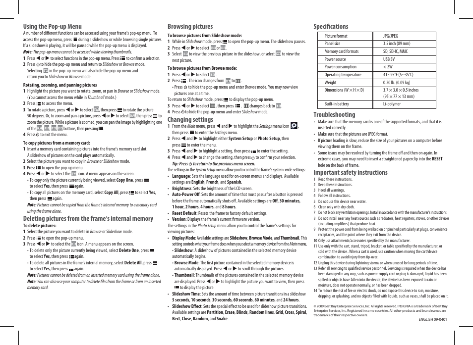 Specifications, Troubleshooting, Important safety instructions | Using the pop-up menu, Browsing pictures, Changing settings | Insignia NS-DPF3G User Manual | Page 2 / 2