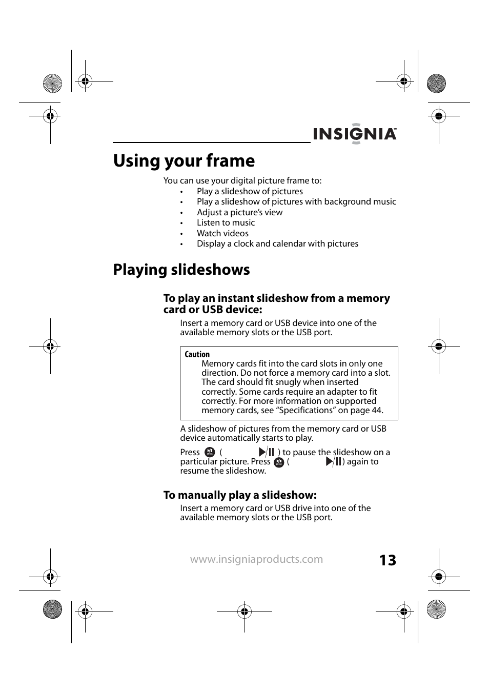 Using your frame, Playing slideshows | Insignia NS-DPF8PR User Manual | Page 15 / 52