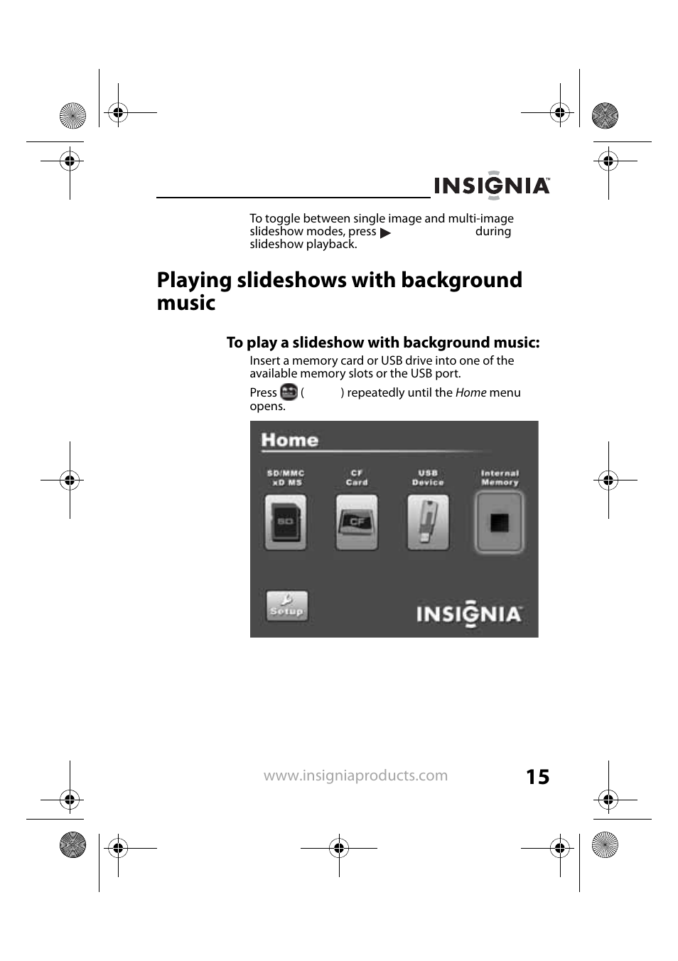Playing slideshows with background music | Insignia NS-DPF8PR User Manual | Page 17 / 52