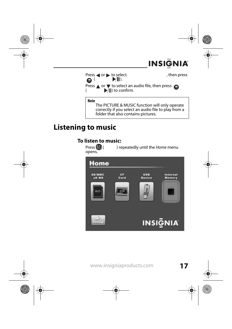 Listening to music | Insignia NS-DPF8PR User Manual | Page 19 / 52