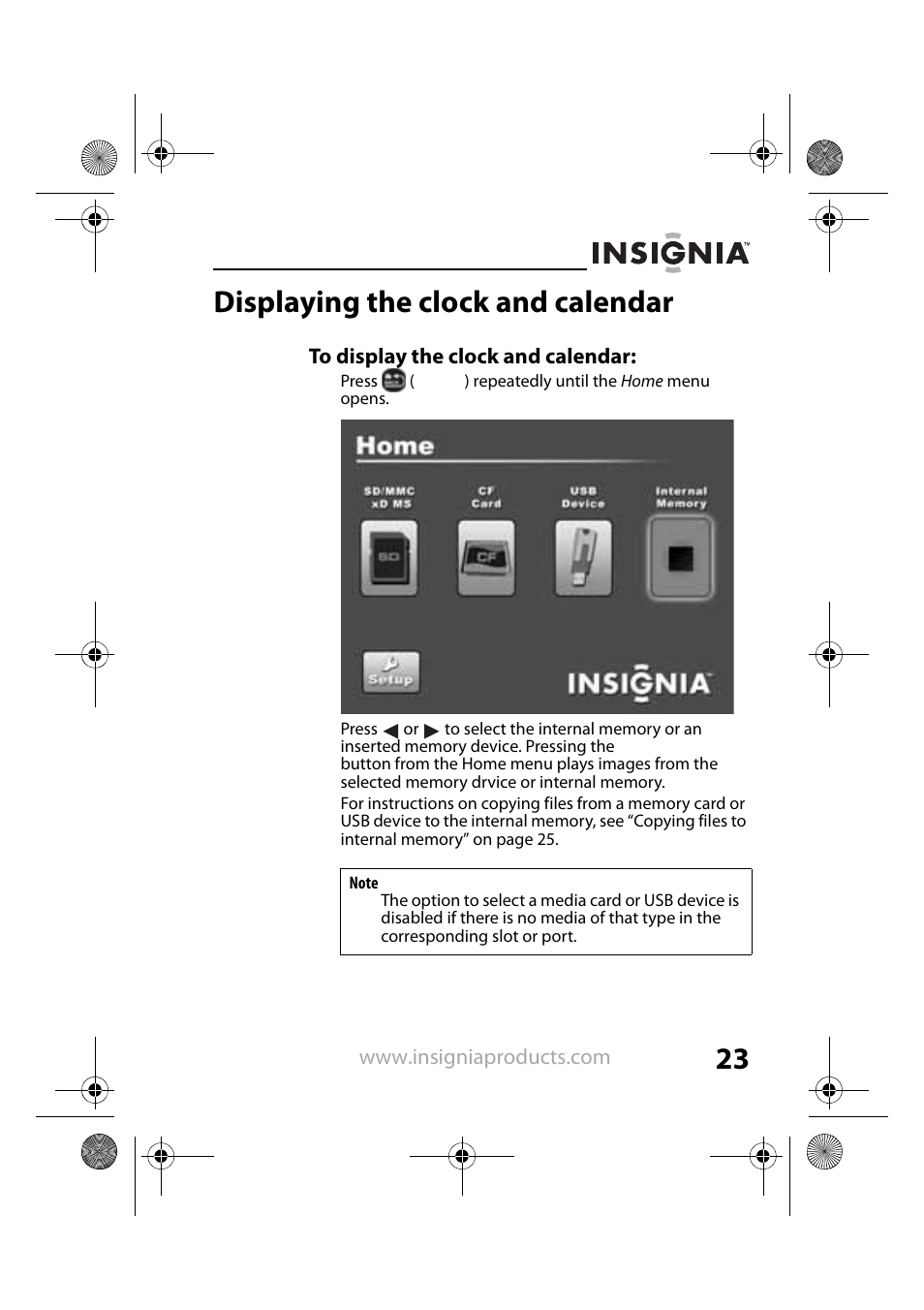 Displaying the clock and calendar | Insignia NS-DPF8PR User Manual | Page 25 / 52
