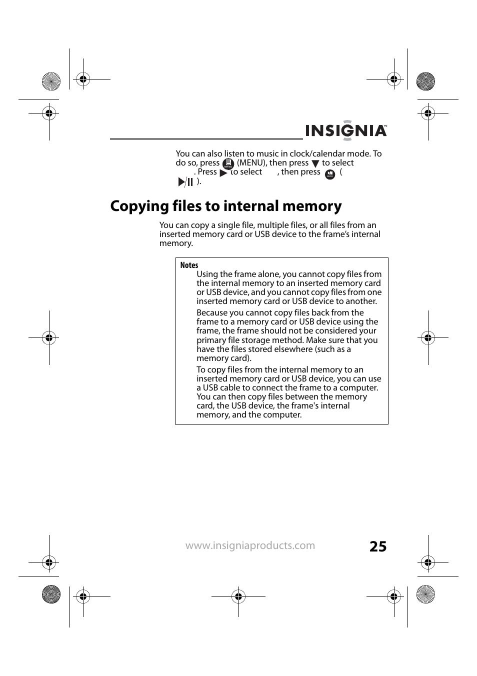 Copying files to internal memory | Insignia NS-DPF8PR User Manual | Page 27 / 52