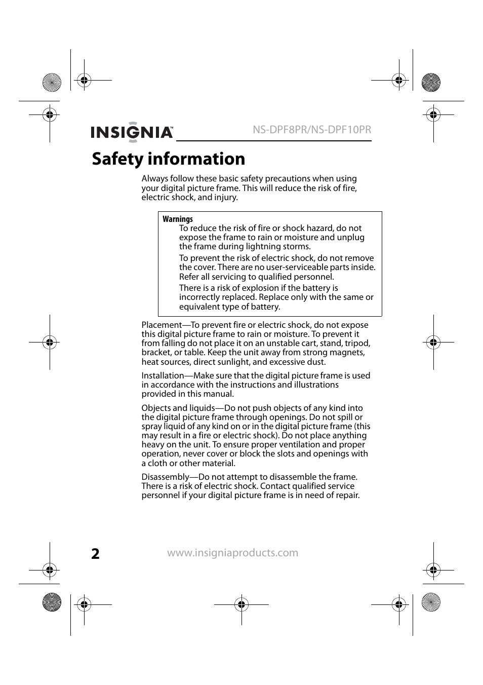 Safety information | Insignia NS-DPF8PR User Manual | Page 4 / 52