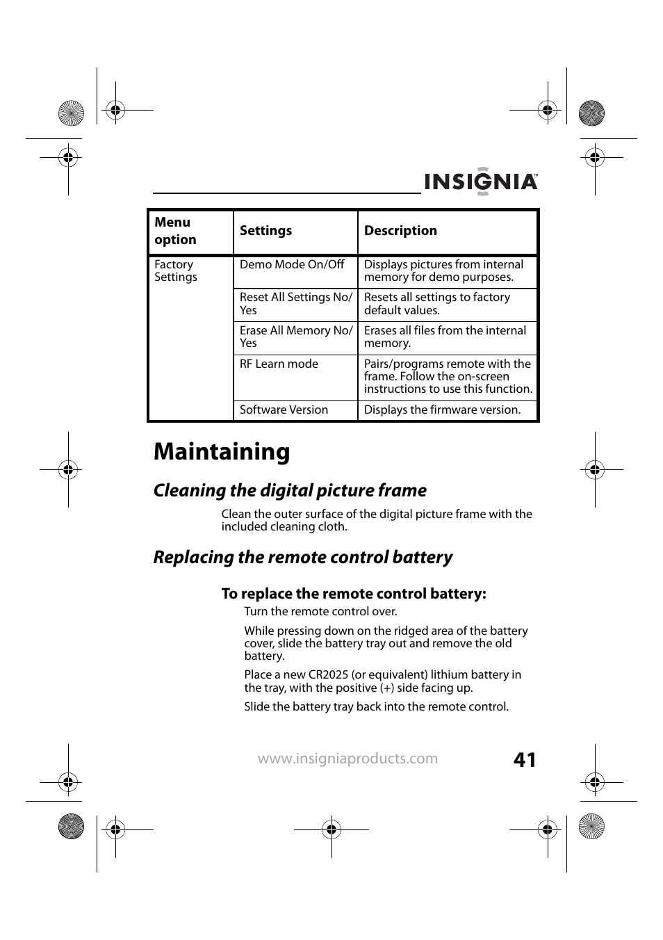 Maintaining, Cleaning the digital picture frame, Replacing the remote control battery | Insignia NS-DPF8PR User Manual | Page 43 / 52