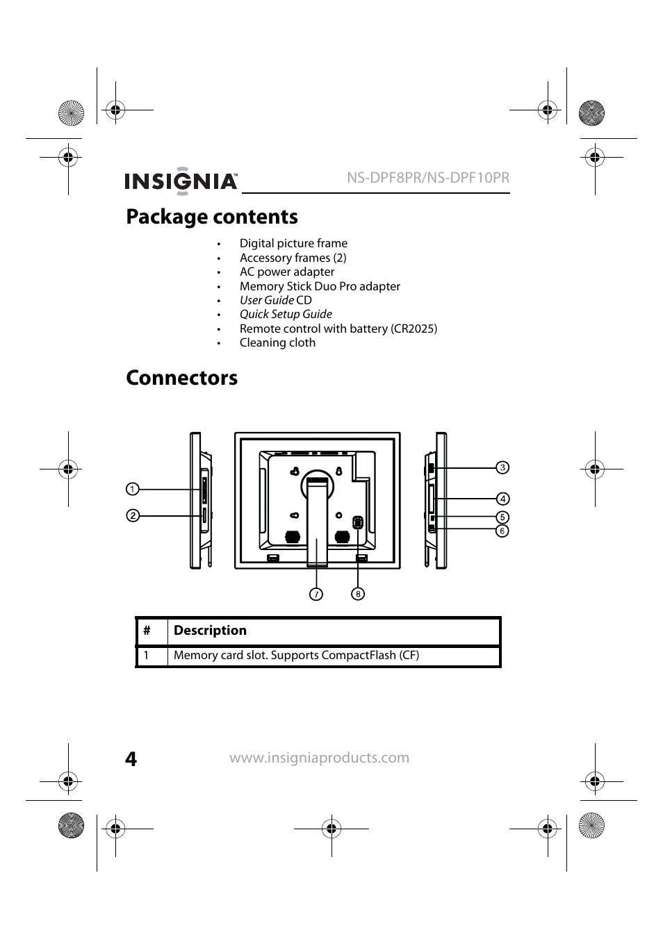 Package contents, Connectors | Insignia NS-DPF8PR User Manual | Page 6 / 52
