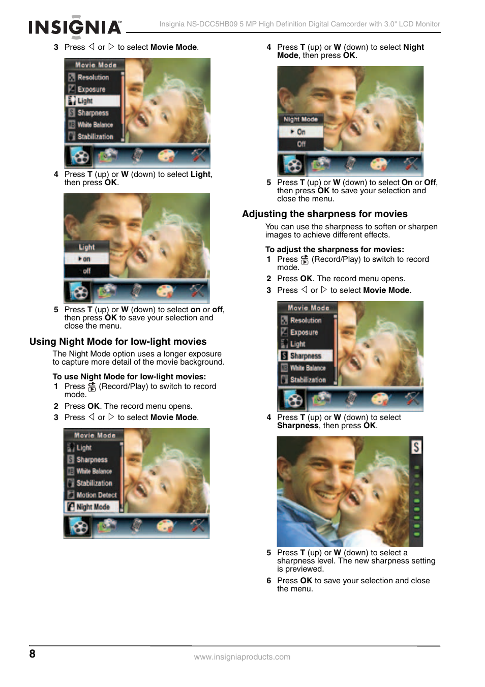 Using night mode for low-light movies, Adjusting the sharpness for movies | Insignia NS-DCC5HB09 User Manual | Page 10 / 34