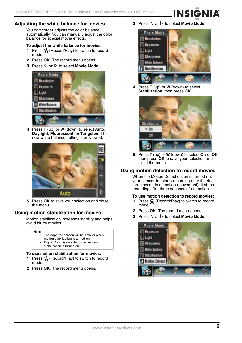 Adjusting the white balance for movies, Using motion stabilization for movies, Using motion detection to record movies | Insignia NS-DCC5HB09 User Manual | Page 11 / 34