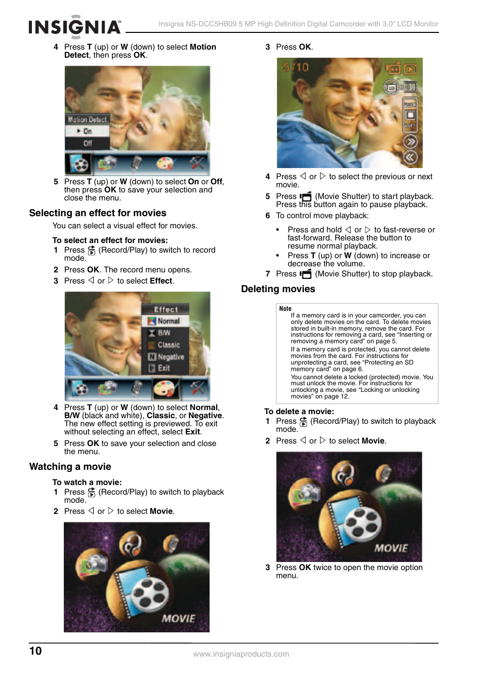 Selecting an effect for movies, Watching a movie, Deleting movies | Insignia NS-DCC5HB09 User Manual | Page 12 / 34