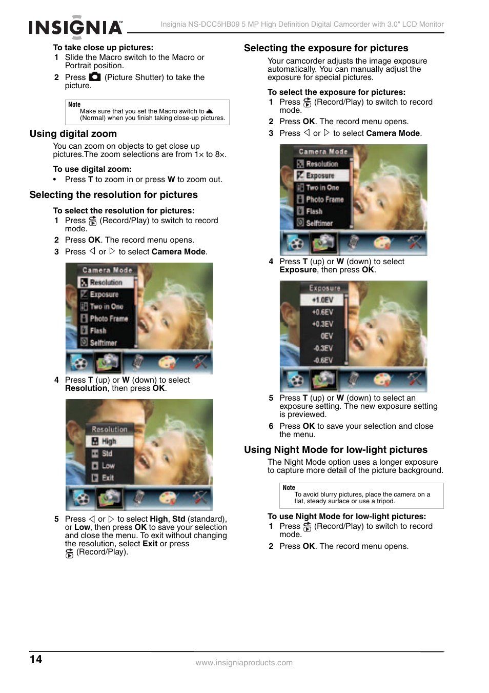 Using digital zoom, Selecting the resolution for pictures, Selecting the exposure for pictures | Using night mode for low-light pictures | Insignia NS-DCC5HB09 User Manual | Page 16 / 34