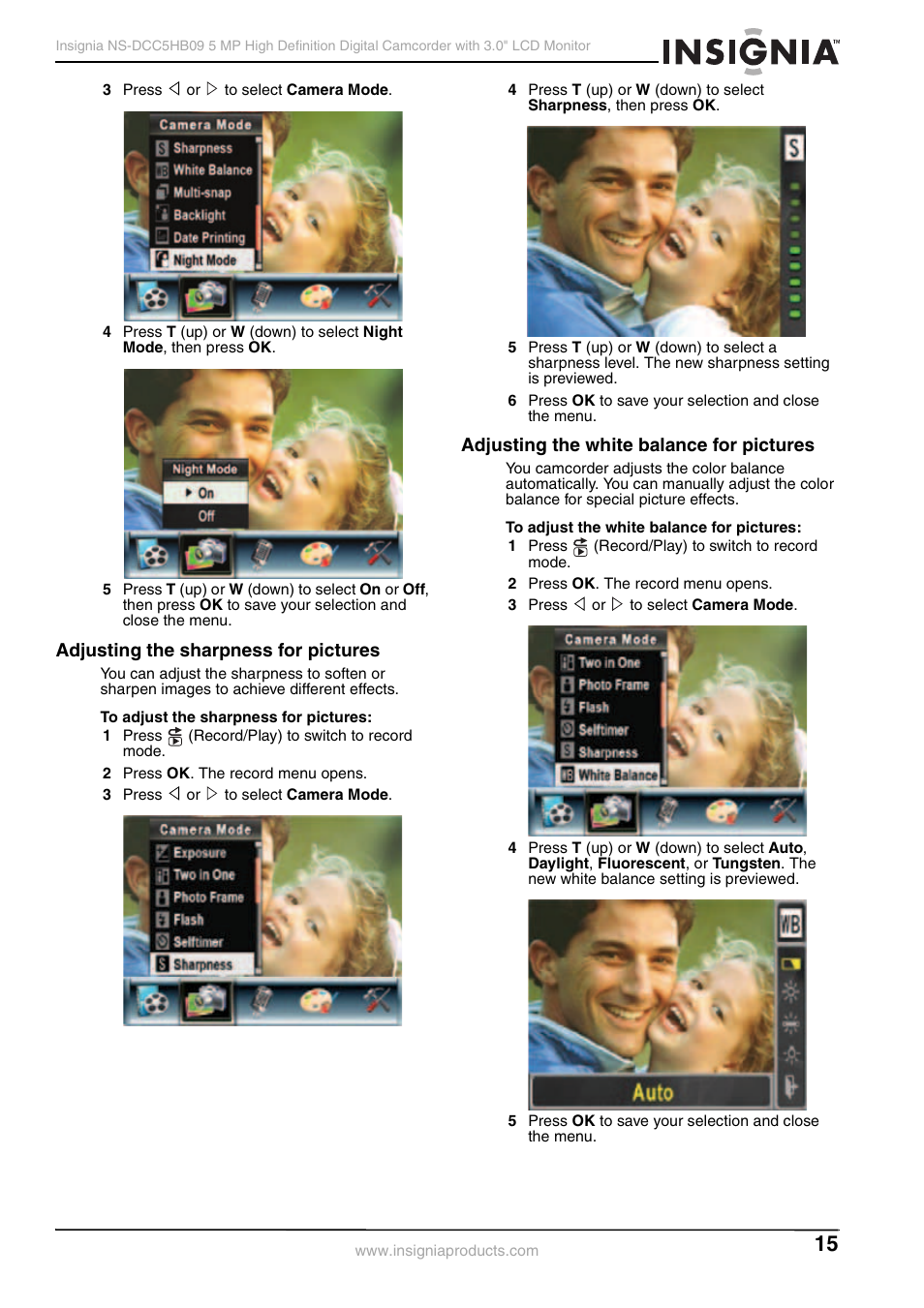 Adjusting the sharpness for pictures, Adjusting the white balance for pictures | Insignia NS-DCC5HB09 User Manual | Page 17 / 34