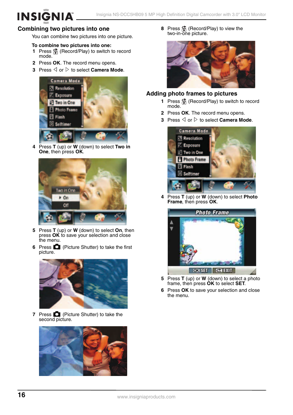 Combining two pictures into one, Adding photo frames to pictures | Insignia NS-DCC5HB09 User Manual | Page 18 / 34
