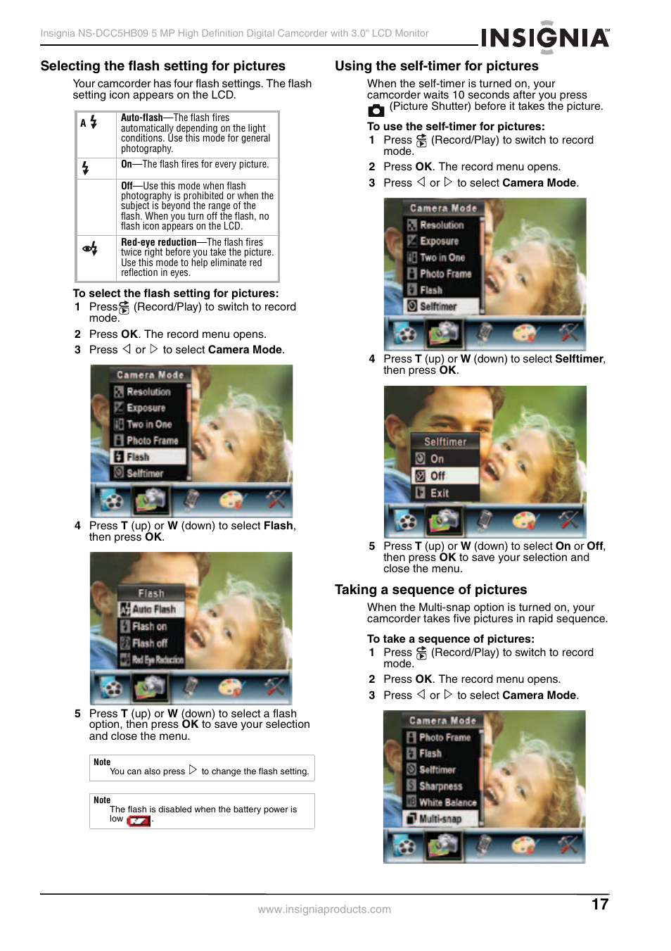 Selecting the flash setting for pictures, Using the self-timer for pictures, Taking a sequence of pictures | Insignia NS-DCC5HB09 User Manual | Page 19 / 34