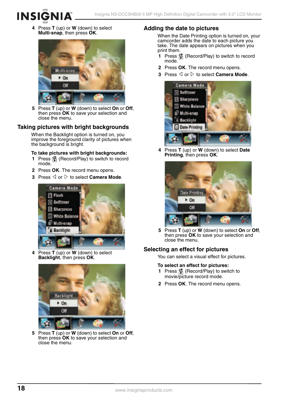 Taking pictures with bright backgrounds, Adding the date to pictures, Selecting an effect for pictures | Insignia NS-DCC5HB09 User Manual | Page 20 / 34