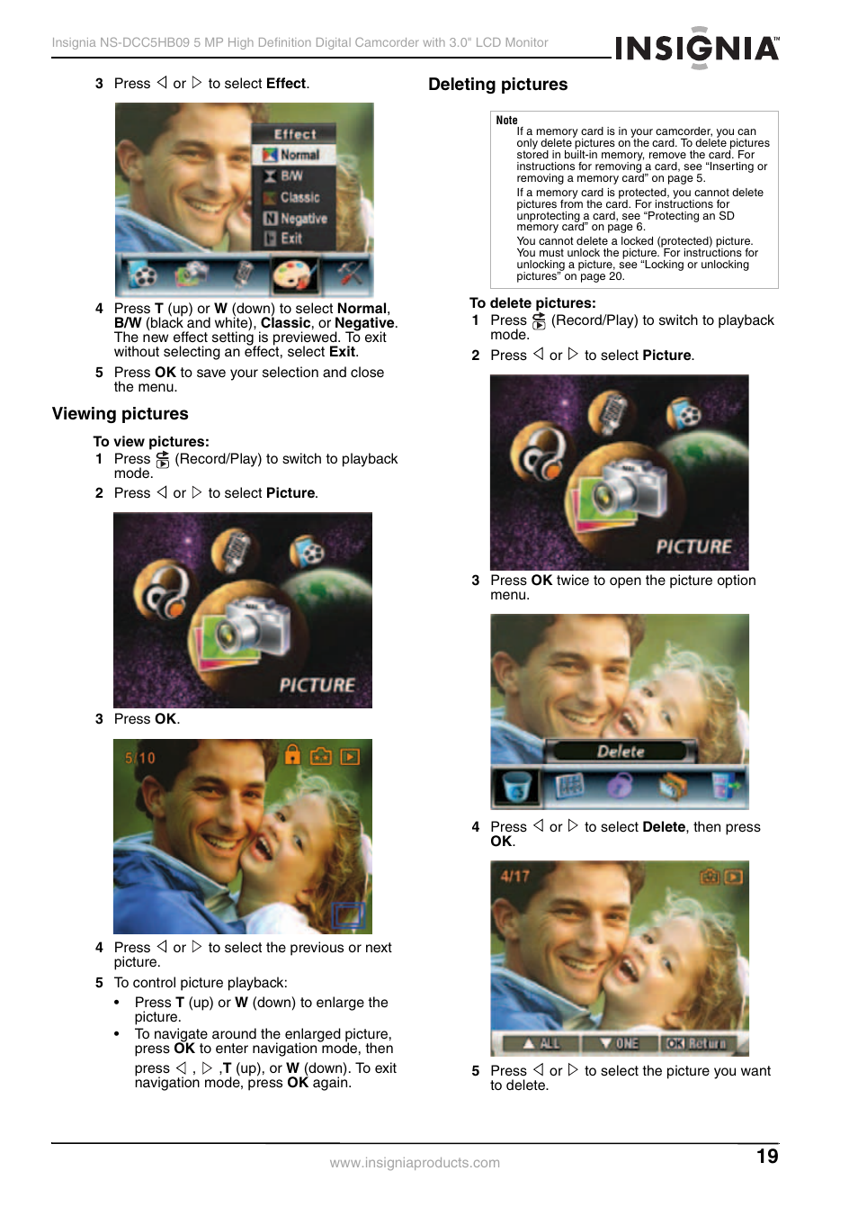 Viewing pictures, Deleting pictures, Viewing pictures deleting pictures | Age 19, E 19 | Insignia NS-DCC5HB09 User Manual | Page 21 / 34