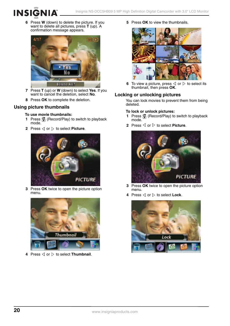 Using picture thumbnails, Locking or unlocking pictures | Insignia NS-DCC5HB09 User Manual | Page 22 / 34