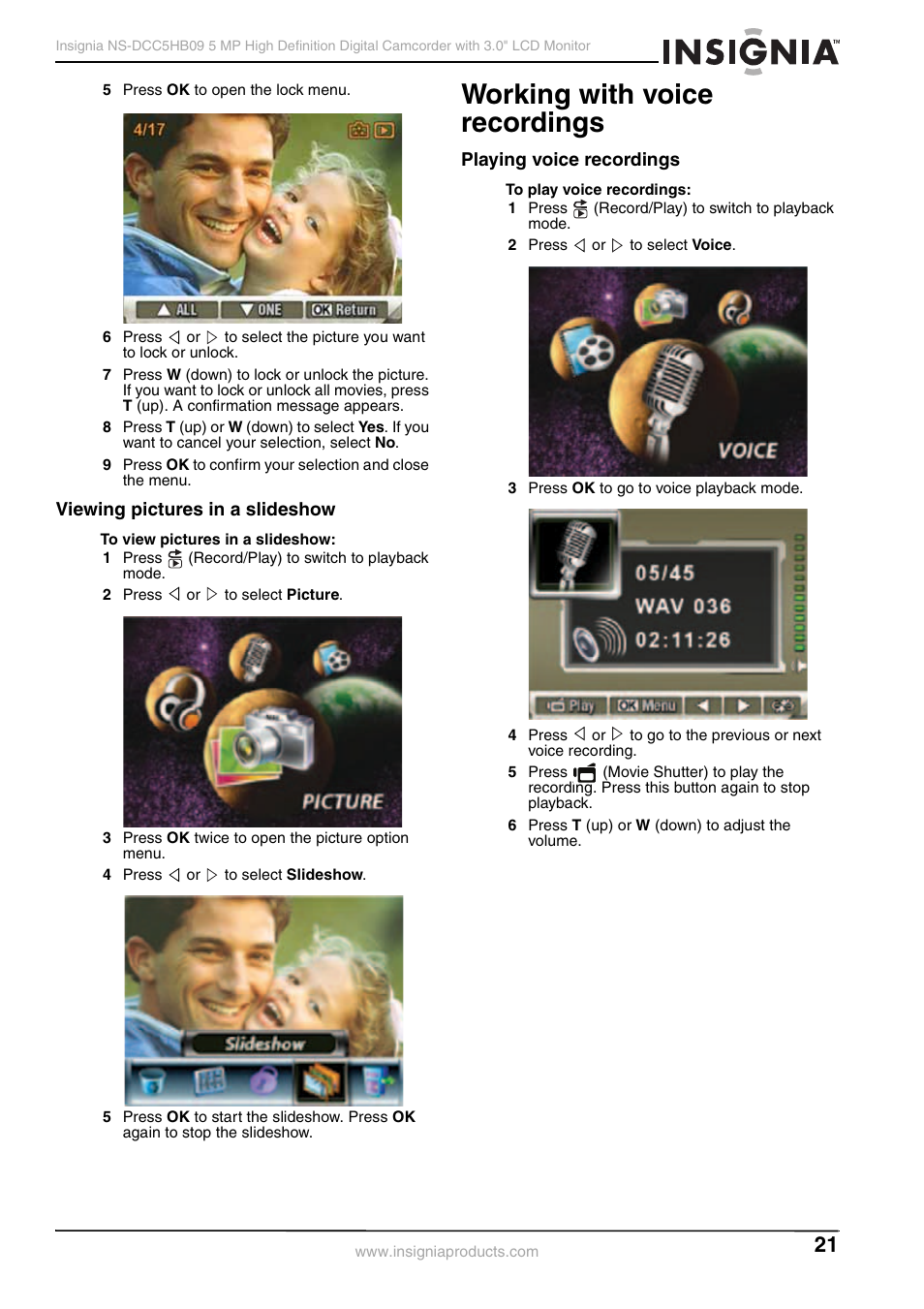 Viewing pictures in a slideshow, Working with voice recordings, Playing voice recordings | Insignia NS-DCC5HB09 User Manual | Page 23 / 34