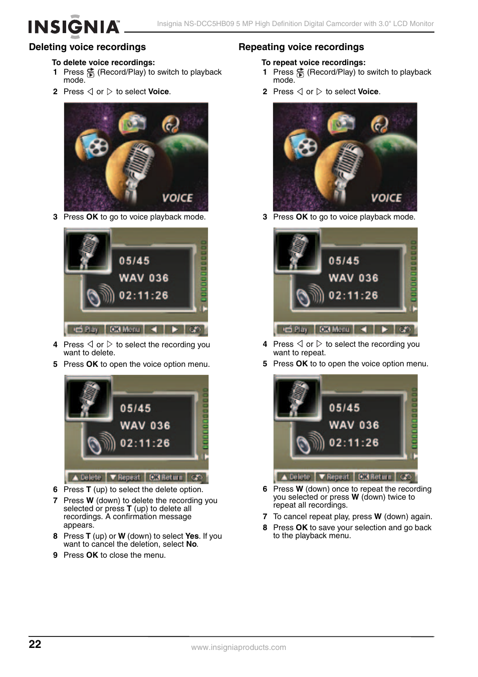 Deleting voice recordings, Repeating voice recordings | Insignia NS-DCC5HB09 User Manual | Page 24 / 34